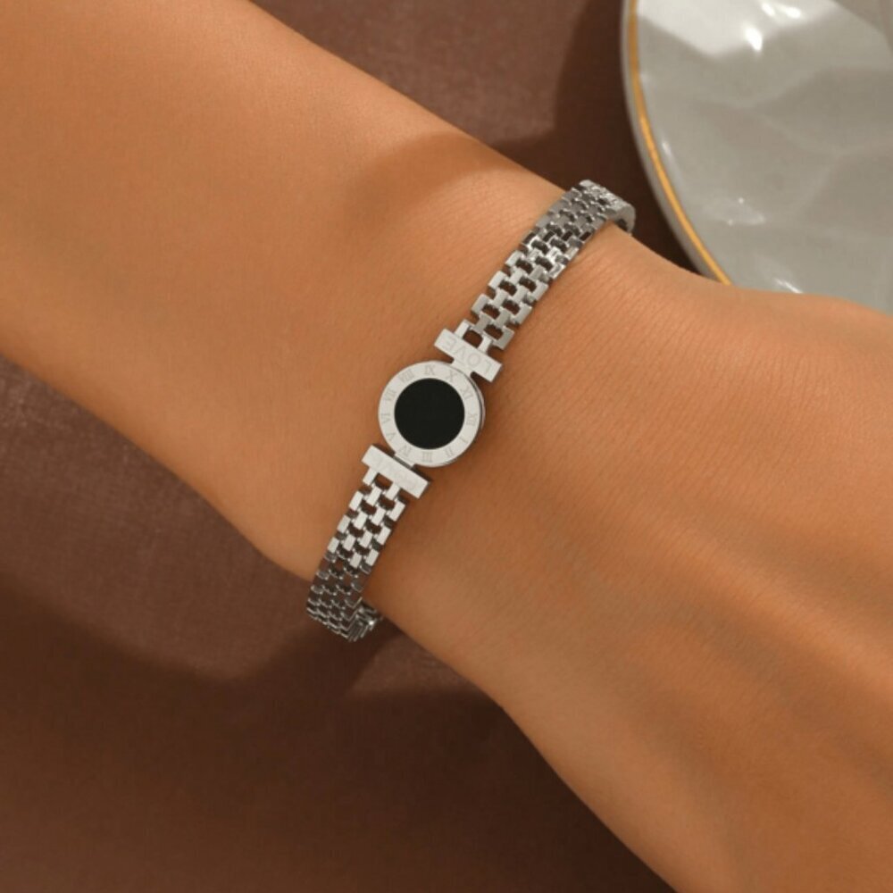 Roman Numeral Black Enamel Bracelet | Sterling Silver